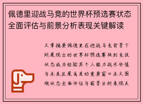 佩德里迎战马竞的世界杯预选赛状态全面评估与前景分析表现关键解读